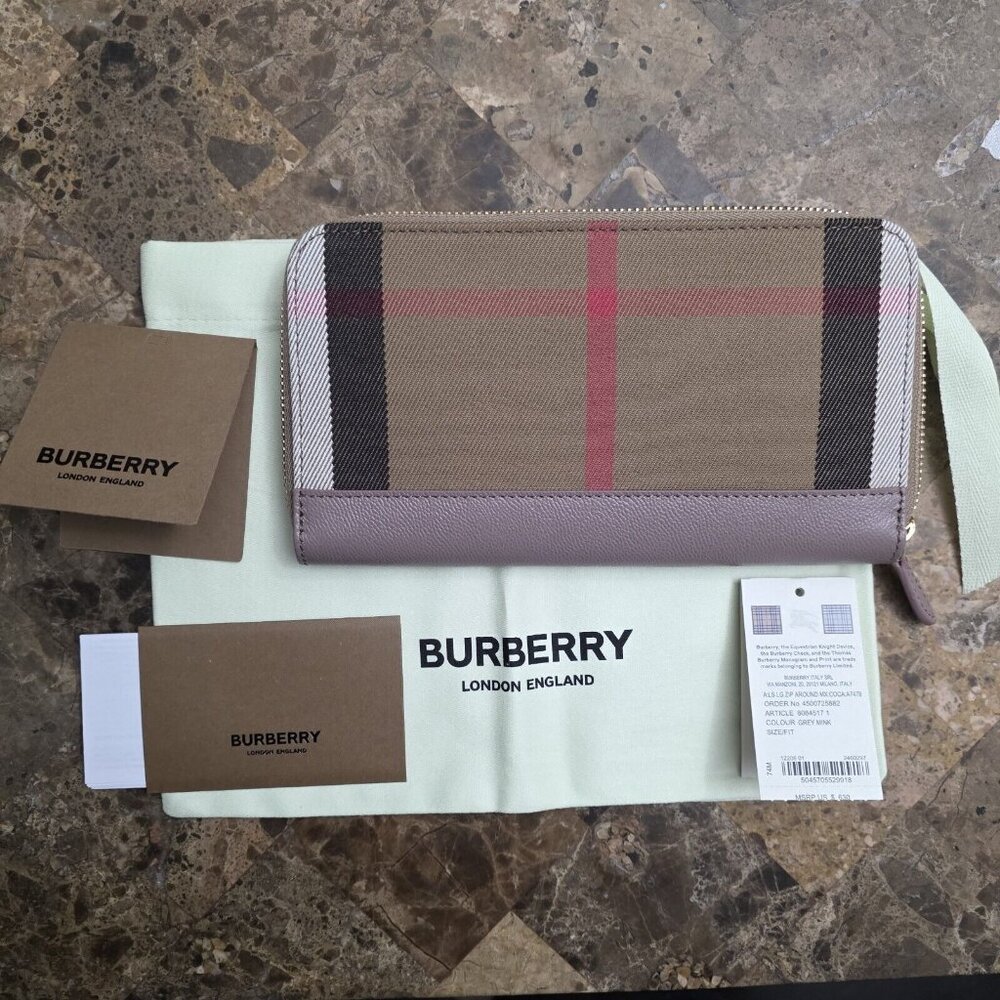 Burberry Check Large Zip Around Wallet - Grey Mink - MSRP $630 - Brand New